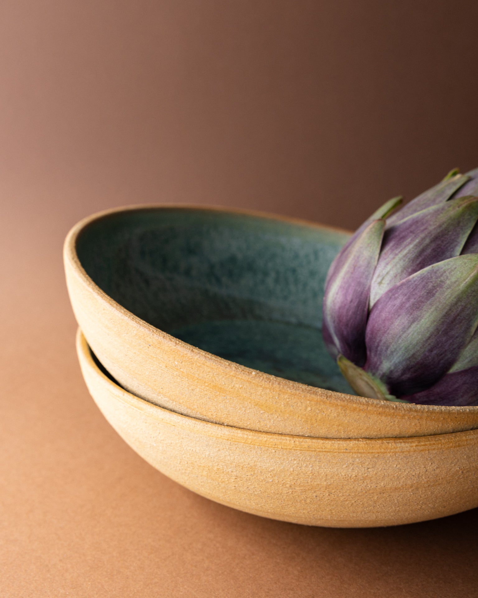 Deep plate | Stoneware | Handmade | Beige and green